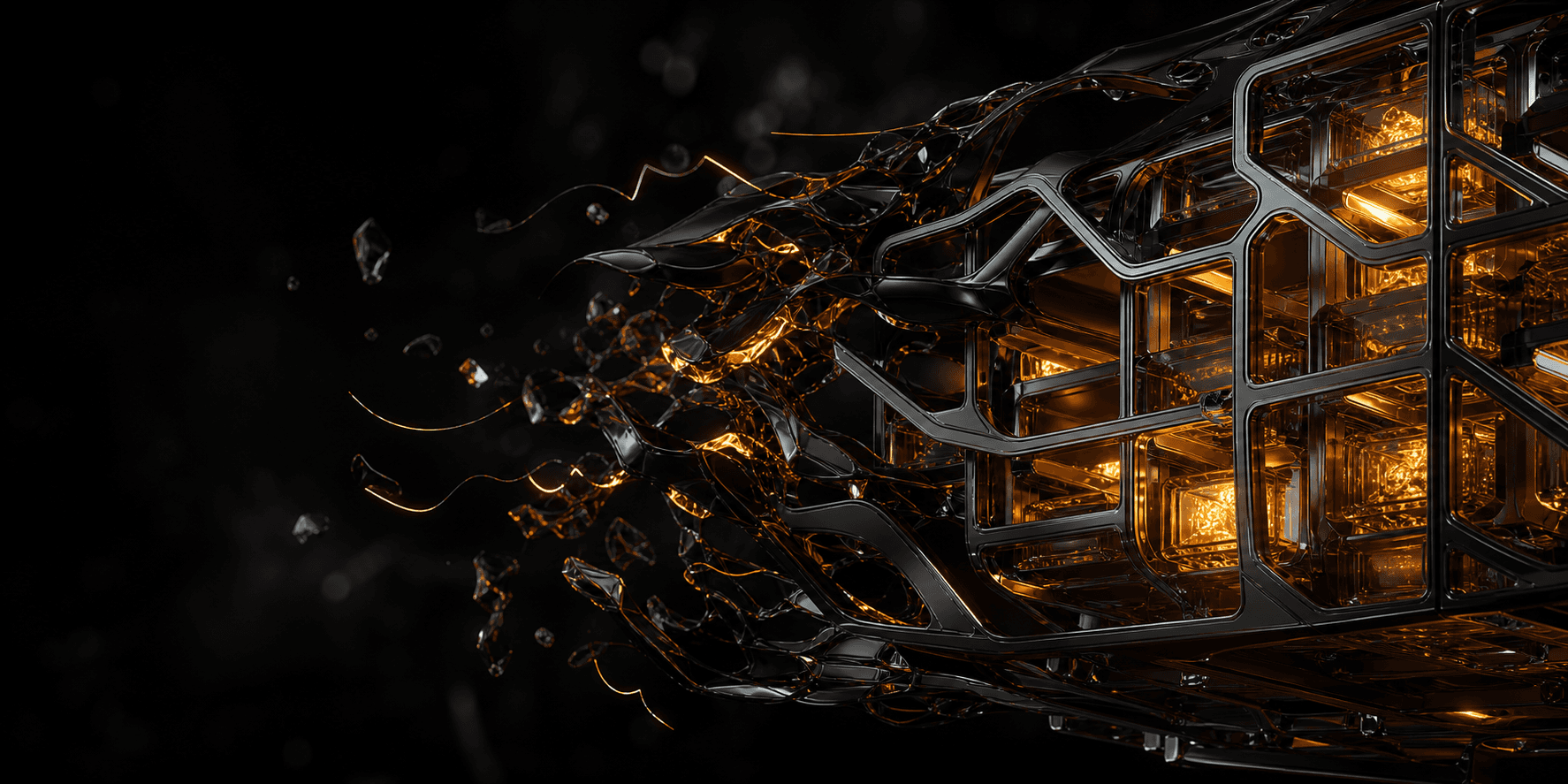 Obsidian fragments converging into an illuminated architectural lattice